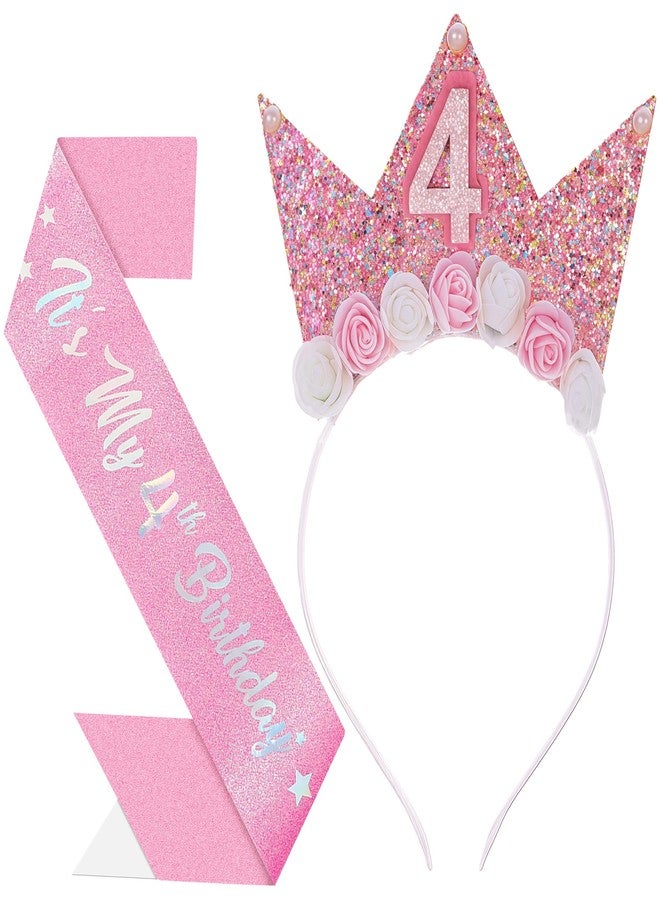 Papoopy Birthday Headband Crown with Sash for Party Decorations (Pink, 4th) - Image 1